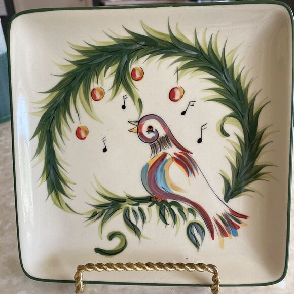 GAIL PITTMAN CHRISTMAS TRIMMINGS SQUARE SALAD PLATE - Four Calling Birds - Picture 1 of 8